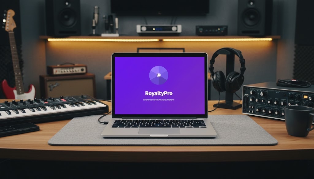 RoyaltyPro running on MacBook in professional music studio with MIDI keyboard, monitors and headphones